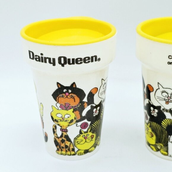 Vintage Dairy Queen Cat Plastic Cup Set Lids Small Limited Edition 2 USA AOP MCM - Picture 9 of 16